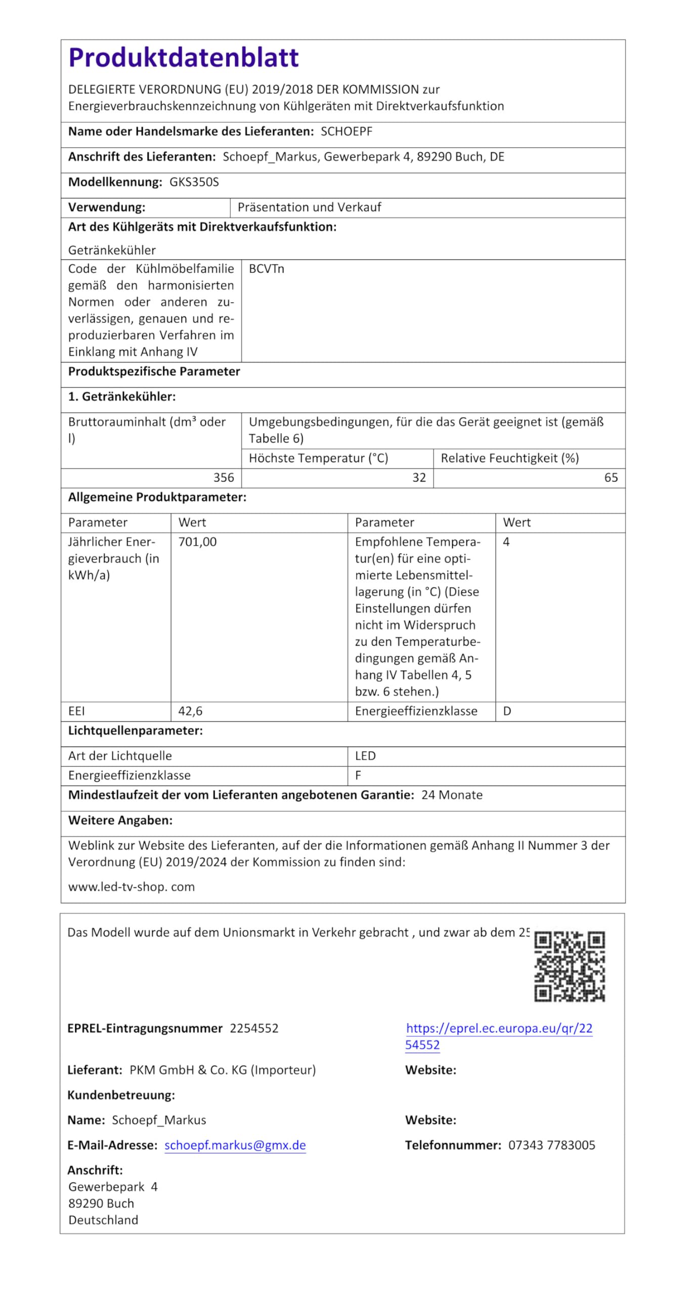 SCHOEPF GKS350 Getränkekühlschrank 347 l Umluft Glastür 194,5cm Höhe Weiß