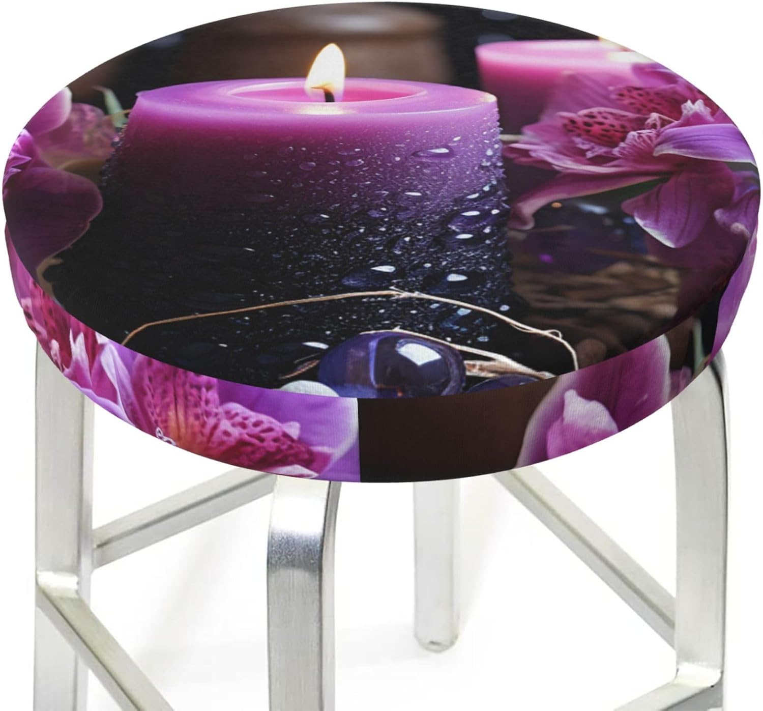 Bar Stool Cover Round Elastic Stool Cushion Covers Purple Flowers and Candles Bar Chair Cover Washable Stool Cushion Slipcover Stretch Stool Seat Covers for 12-14 Inch Chair