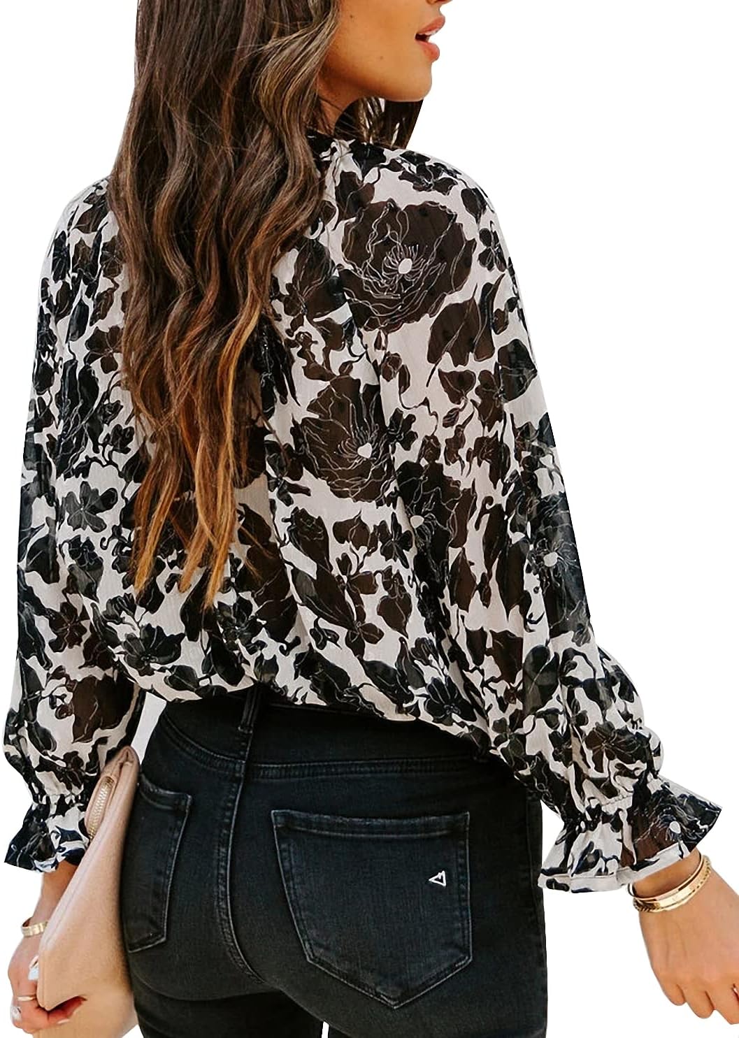 MLEBR Womens Blouses Summer Winter Casual Loose V Neck Tops Balloon Long Sleeve Black Floral Printed Blouses Tops T Shirts S - Image 5