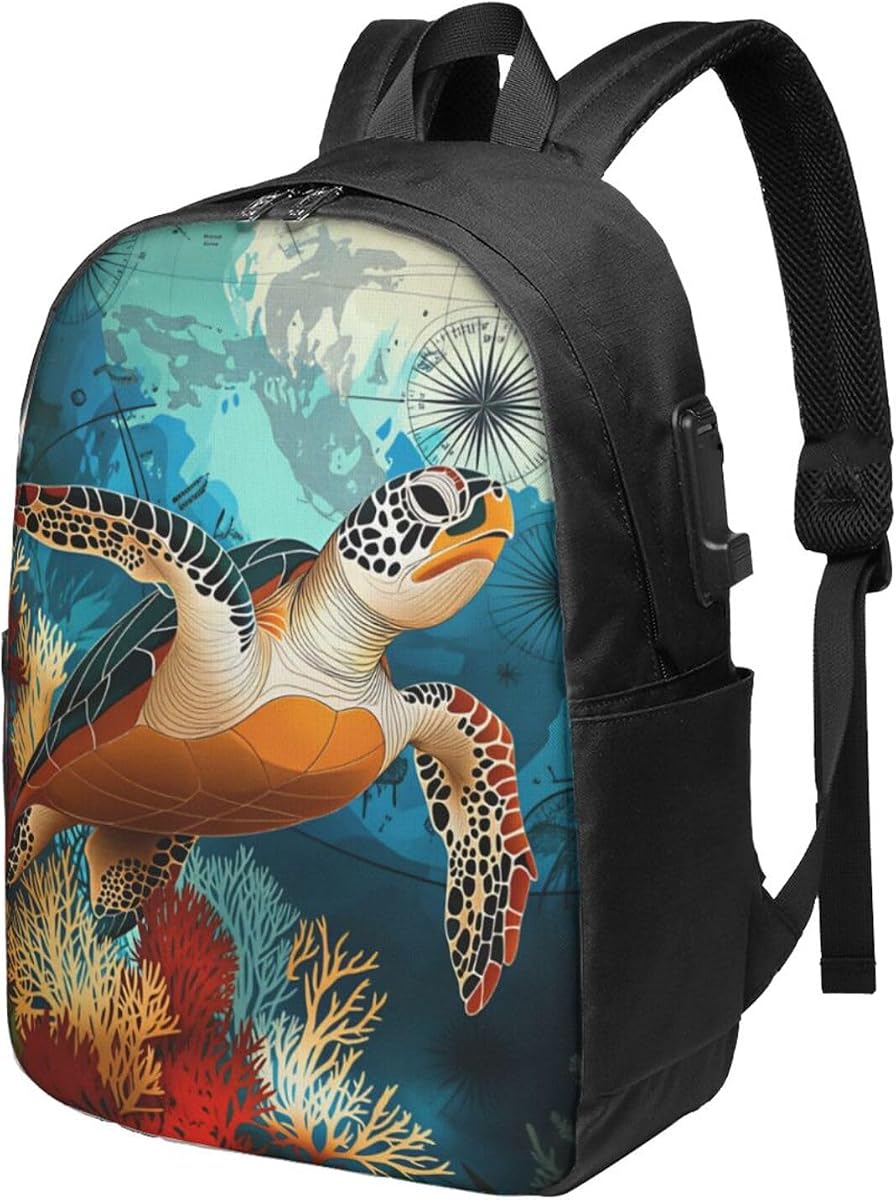 Vintage Nautical Sea Turtle Backpack 17in | Usb Port Integration, Spacious Laptop Storage, Comfortable Carry For Travel, Commute And Everyday Use