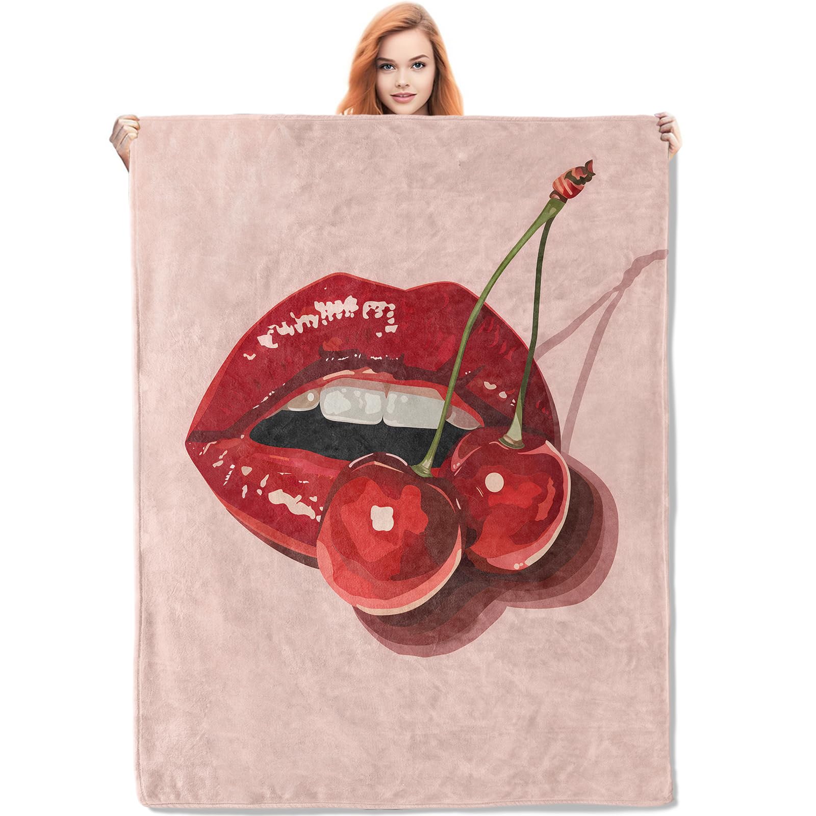 Couverture flanelle lèvres cerises pop art pop pour canapé et lit 127x152 cm