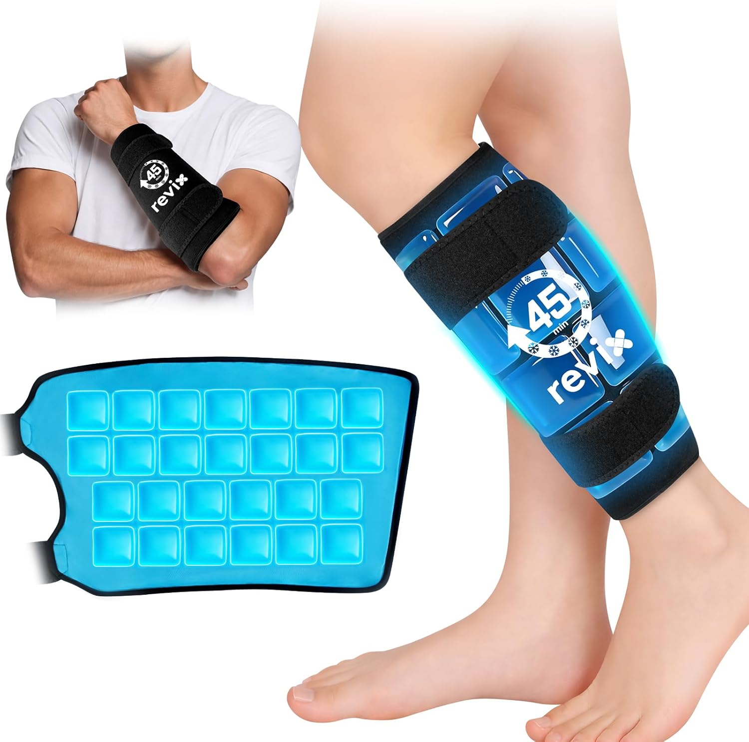 REVIX Shin Splints Relief Ice Pack, 45-Min Long Lasting Leg Ice Pack Wrap with Ice Grid Design, Reusable Gel Cold Pack Compression Sleeve for Leg, Calf, Arm Recovery, 360° Full Coverage, 1 Pack