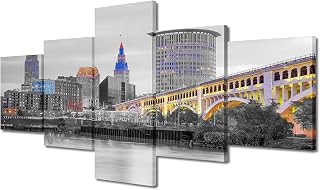 Cleveland Skyline Canvas Wall Art Night Cityscape Black and White Wall Art Panoramic Building Picture for Bedroom Modern 5 Piece Cleveland Ohio USA Wall Decoration Framed Ready to Hang (50" W x 24" H)