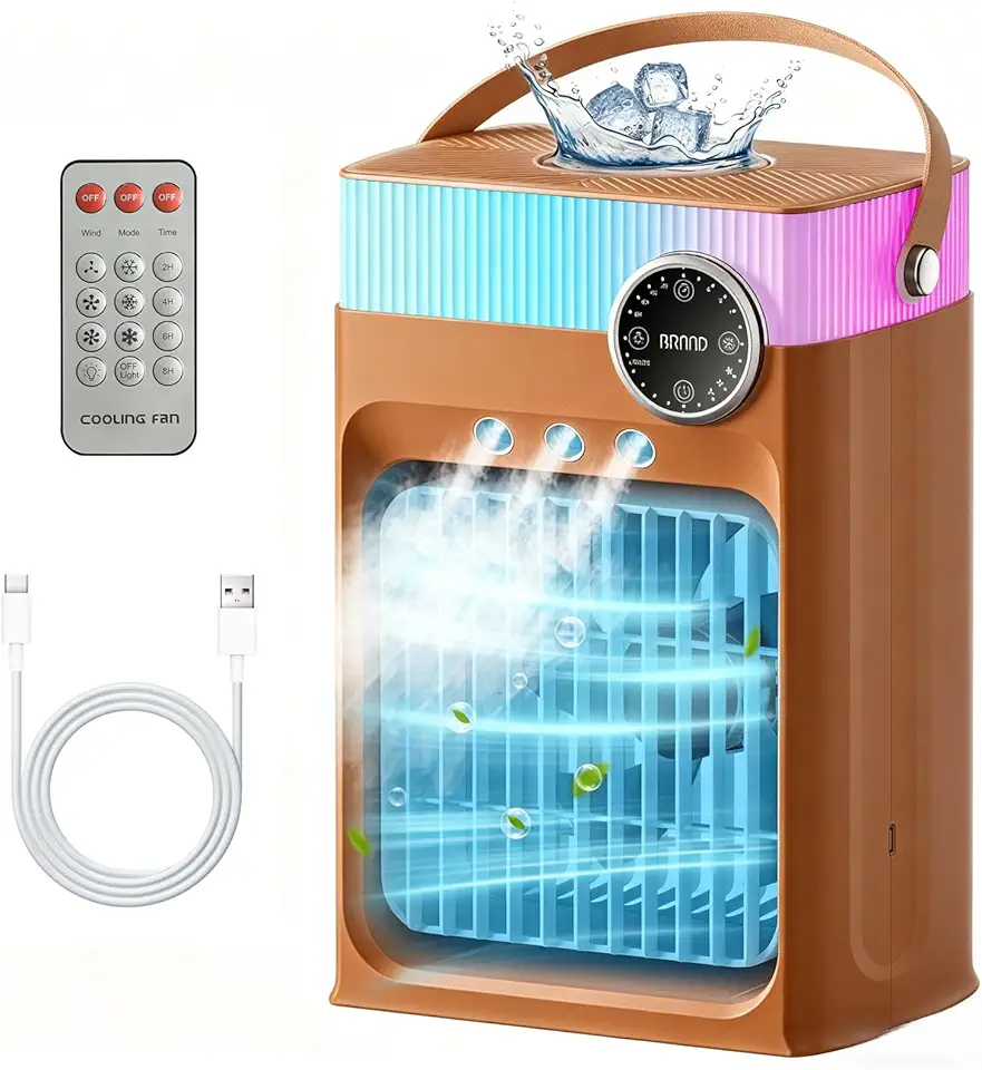 Ar-Condicionado Portátil, Mini Aparelho de Refrigeração para Quarto, Pequeno Climatizador de Ar de 1200ml com Controle Remoto, 3 Níveis de Névoa e 3 Velocidades(Marrom Mocha)