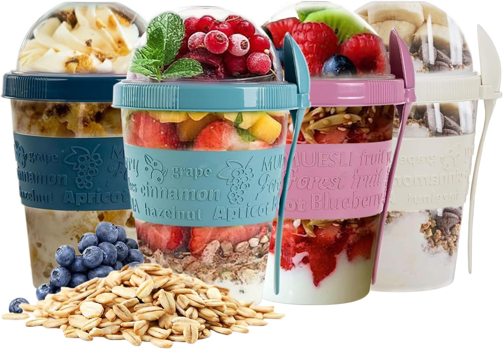 SAFRI 600ml Over Night Oats Container Reusable Yogurt Cups 100% BPA Free Breakfast On The Go Cereal Yogurt Pot with Lids and Spoon (Set 4)