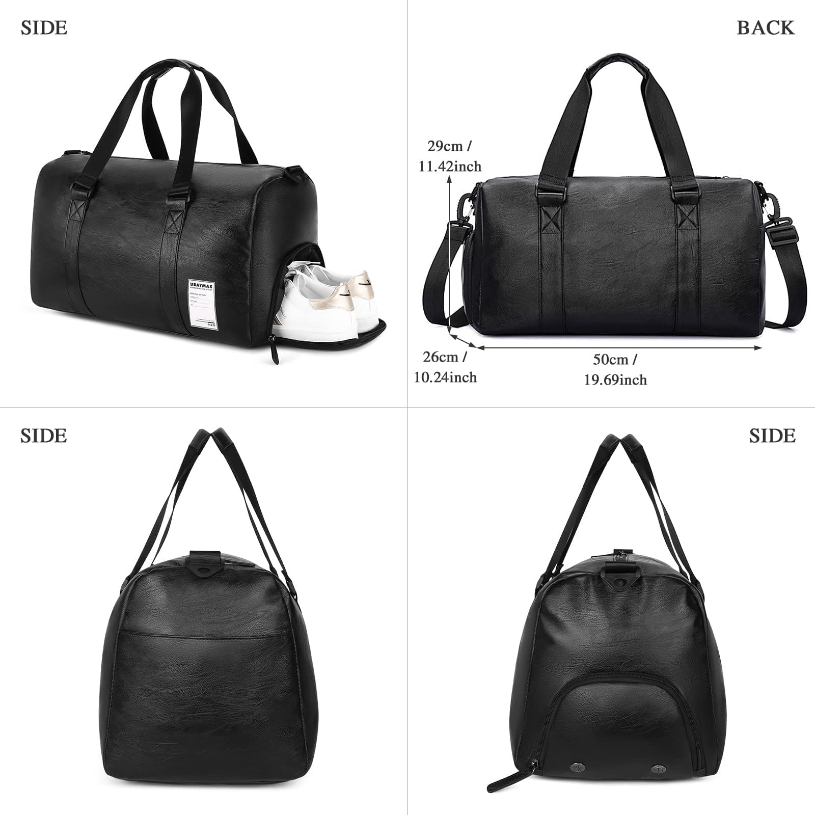 UBAYMAX Sac de Sport en Cuir Homme avec Compartiment Chaussures, 37L Noir Sac de Voyage pour Homme, Sac de Weekend avec Bandoulière Imperméable Sac de Piscine, Plage, Basketball, Football, Dance, Yoga