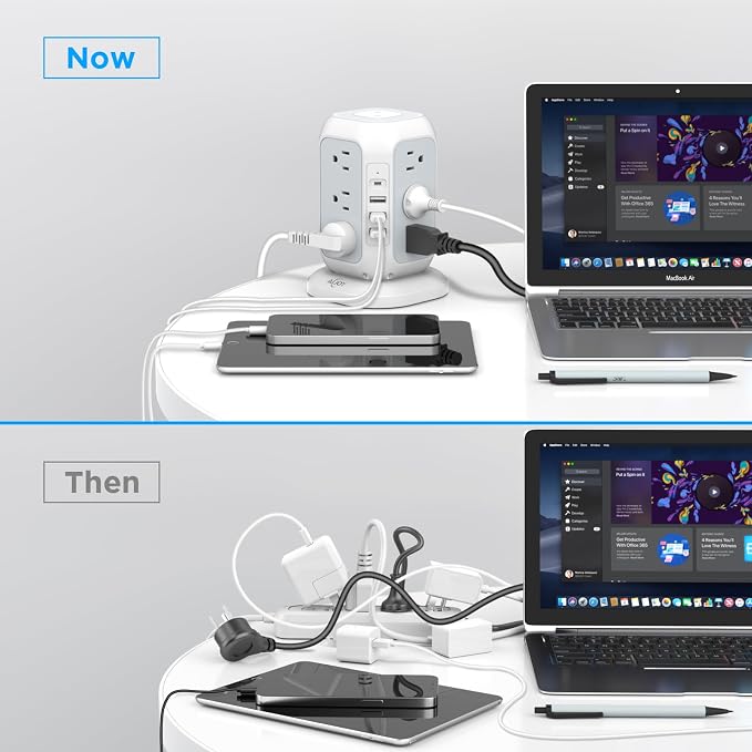 Torre multitoma con protector contra sobretensión USB-C | 12 tomas CA, 4 puertos USB (1 USB-C), cable de extensión de 3,05 m, estación de carga USB, para hogar, oficina y dormitorio miniatura 5