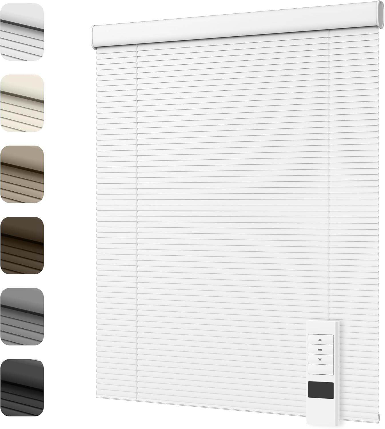 Motorized Cordless Aluminum Blinds with Remote, Automatic Room Darkening Horizontal Blinds for Indoor Window, Light Adjustment Waterproof Blinds, Customized for Home, Office, White