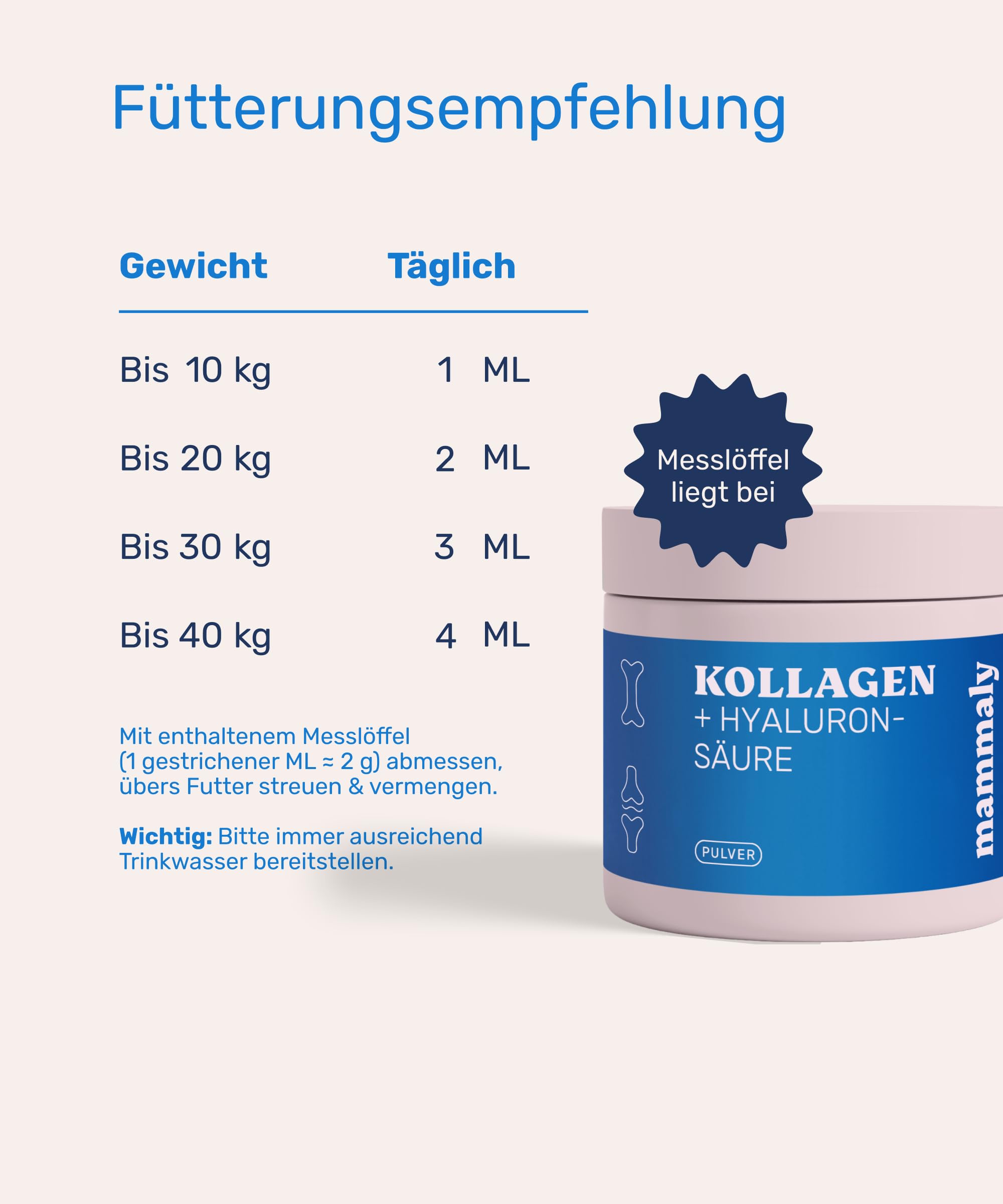 mammaly Kollagen & Hyaluron Pulver für Hunde - 99% Kollagenhydrolysat Gelenkpulver unterstützt Gelenke, Sehnen, Bänder - Natürliches Collagen Hund zur Nahrungsergänzung - 75g reichen bis zu 75 Tage