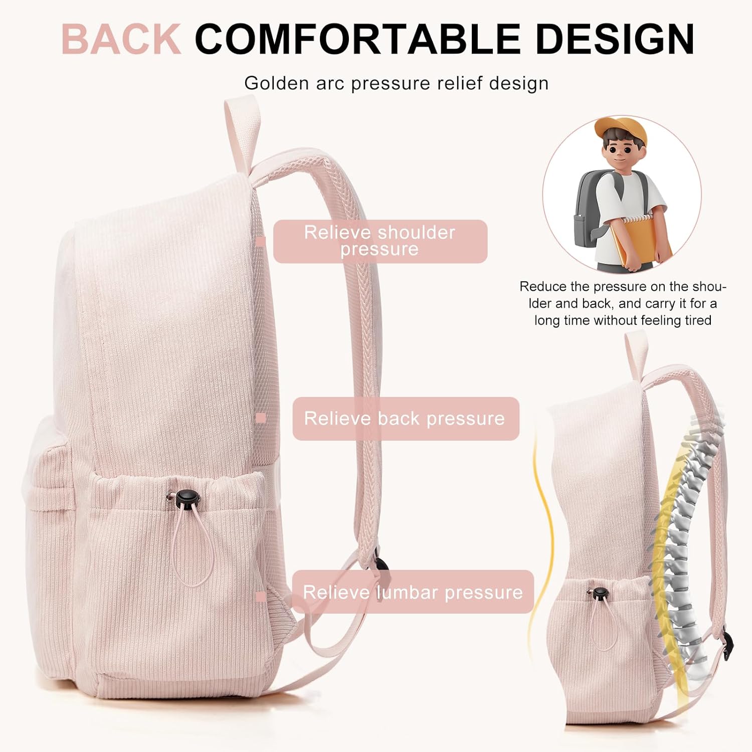 School Backpack for Teens Boys Girls Cute Corduroy Bookbag Classic Casual High School Bag Lightweight College Backpack For Women Men(Pink) - Image 5