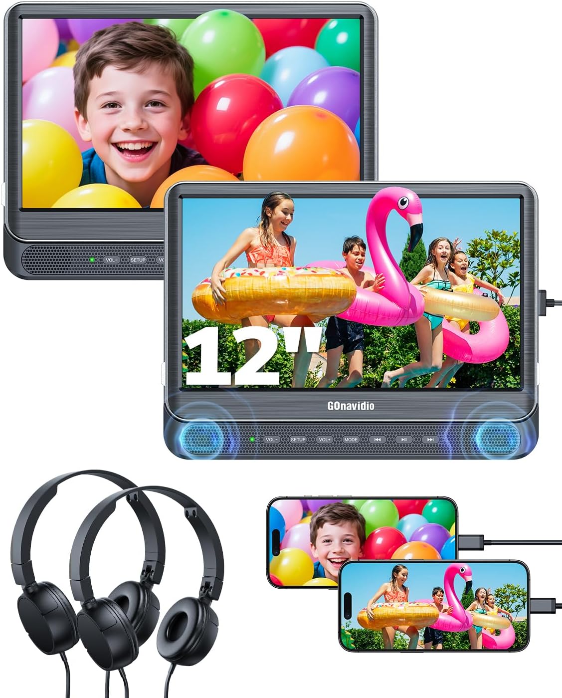 12" Dual Car DVD Players with HDMI Input 2 Headphones, Headrest DVD Players for Kids Support Sync Screen, Play A Same or Two Different Movies, Region Free, USB/TF Card, No Battery