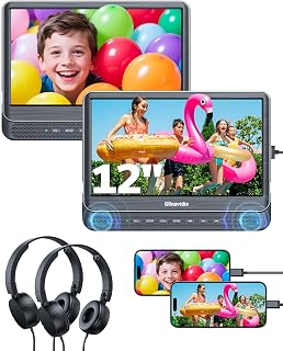 GOnavidio 12" Dual Headrest Car DVD Players with HDMI Input, Sync Screens, Region Free for Kids - USB/TF, 2 Headphones
