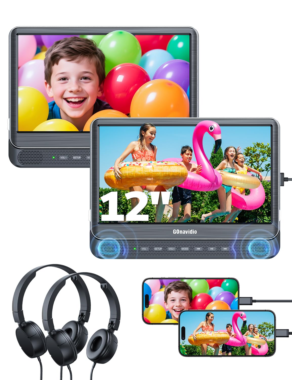 12 Dual Car DVD Players with HDMI Input 2 Headphones Headrest DVD Players for Kids Support Sync Screen