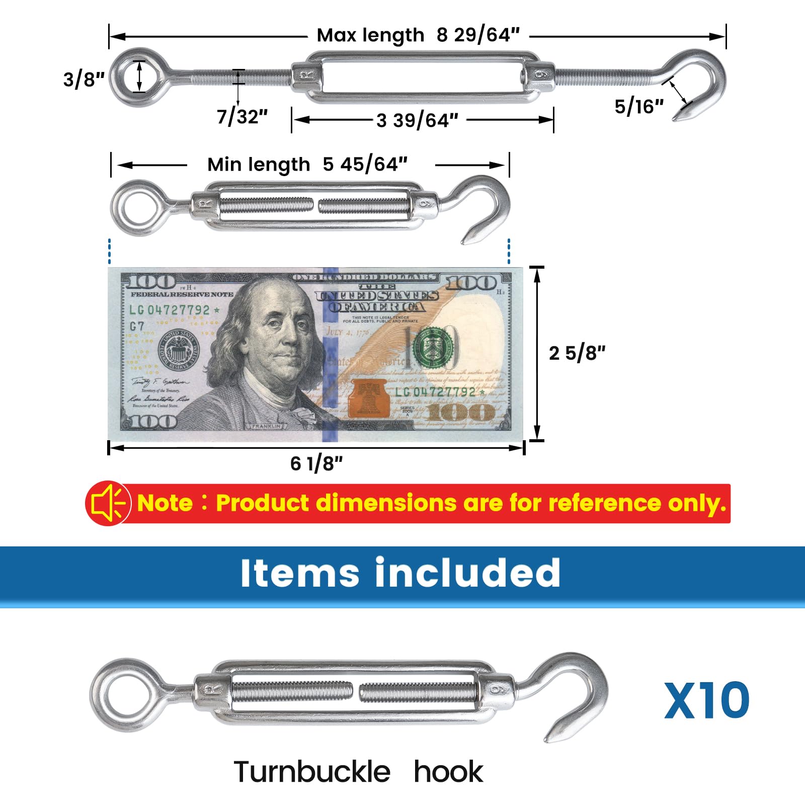 5 Pack Stainless Steel M6 Hook And Eye Turnbuckle, Heavy Duty Wire Rope Tensioner, Adjustable Hardware Kit For DIY String Light And Picture Hanging, Shade Sail, Cable Tightening - View #8