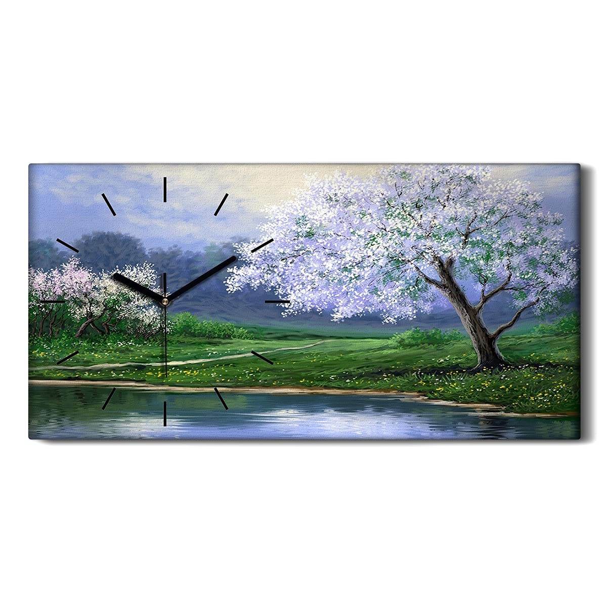 Horloge Murale Art Moderne Lac et Fleurs - Toile Décorative Silencieuse 60x30