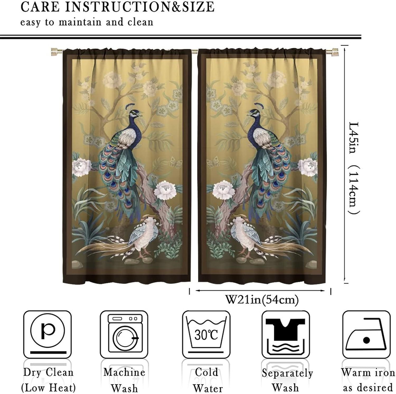 JESTRONRY Peacock Peony Curtains,Vintage Asian Chinese Style Japanese Decor Blackout Window Door Curtains for Bedroom Living Room Dining Room Decor,2 Panels W42xL45in