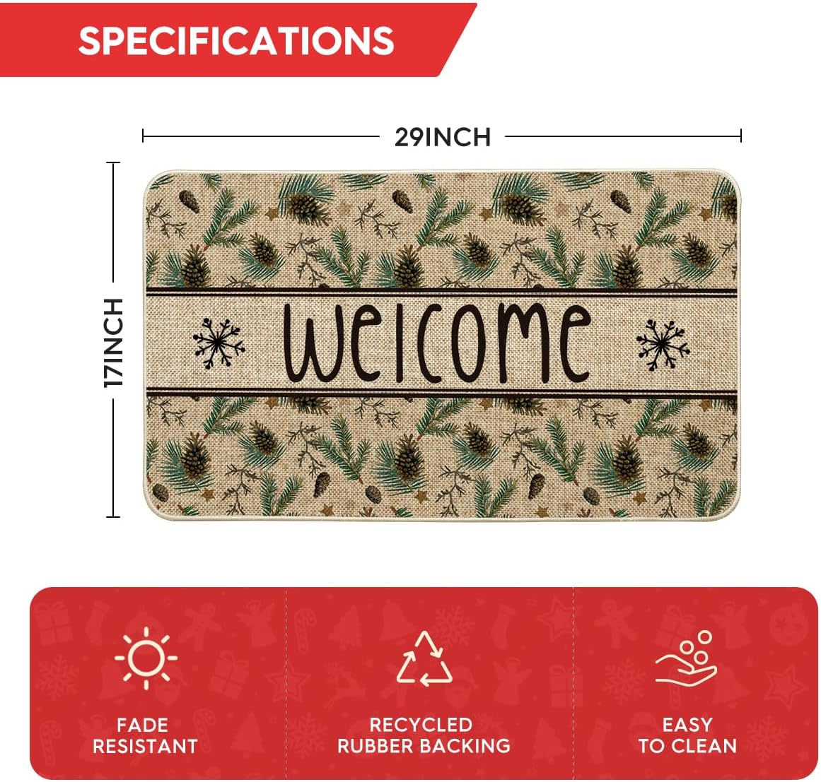 Artoid Mode Xmas Pinecone Star Welcome Christmas Doormat, Winter Low-Profile Switch Rug Home Decor Door Mat Floor Mat for Outdoor Indoor 17x29 Inch