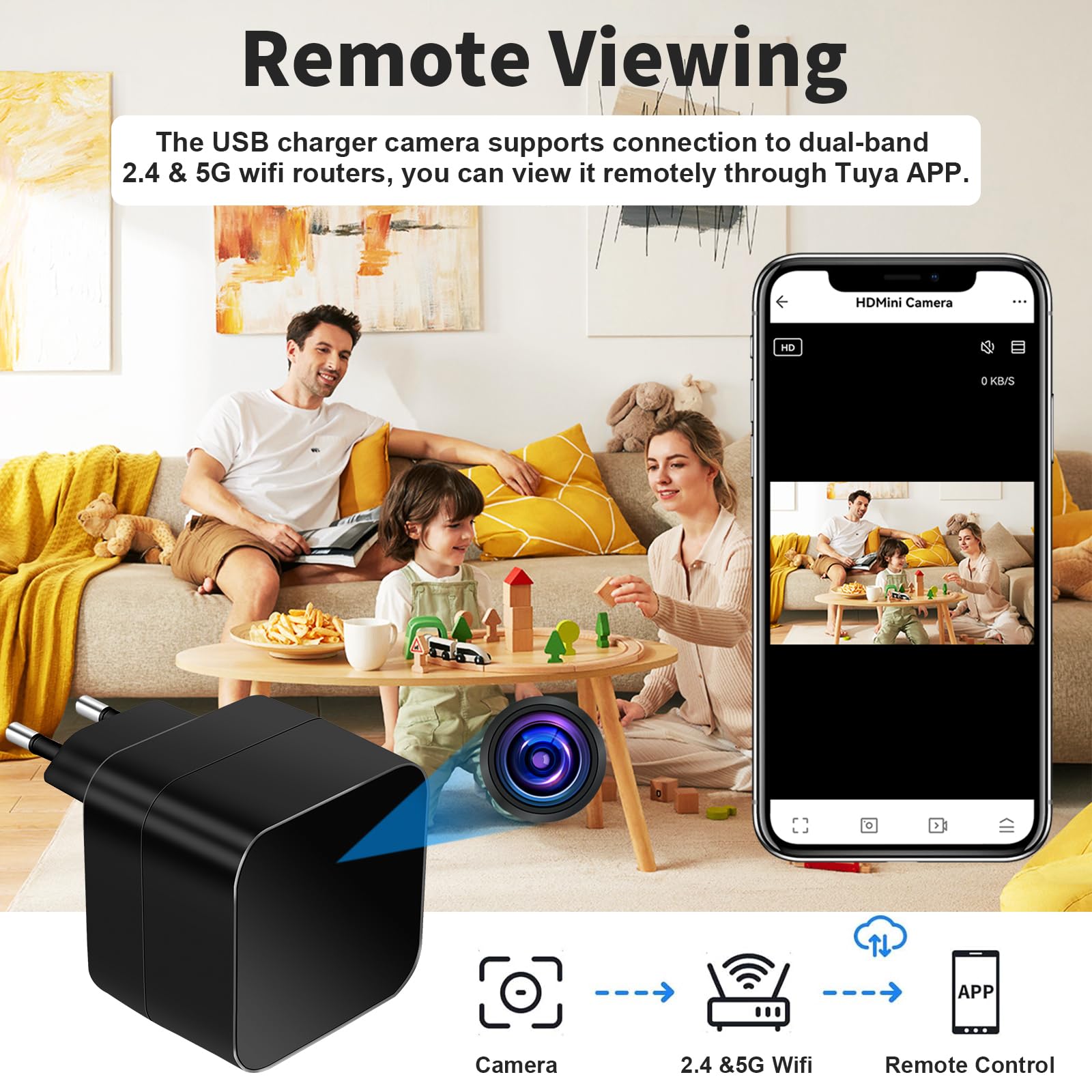 LXMIMI Ukryta kamera Wi-Fi 5G, ukryta kamera WiFi z ładowarką USB | Mini kamera szpiegowska z wykrywaniem ruchu, nagrywanie w pętli, Wi-Fi 2.4 i 5G, aplikacja Tuya, standardy europejskie