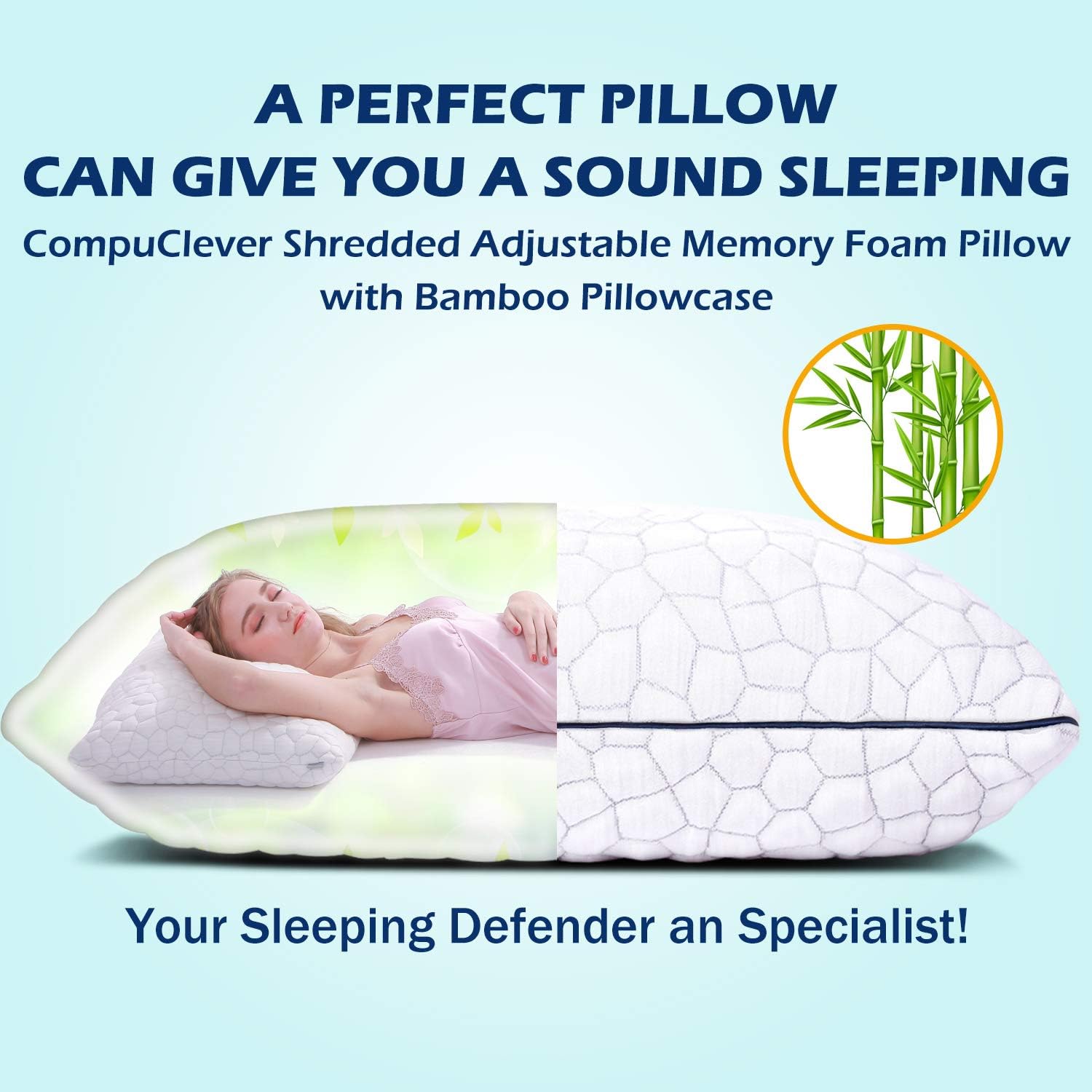 Shredded Memory Foam Pillows for Sleeping Bamboo Cooling Gel Bed Pillows - Adjustable Loft for Side and Back Sleepers Washable Cover Queen Size