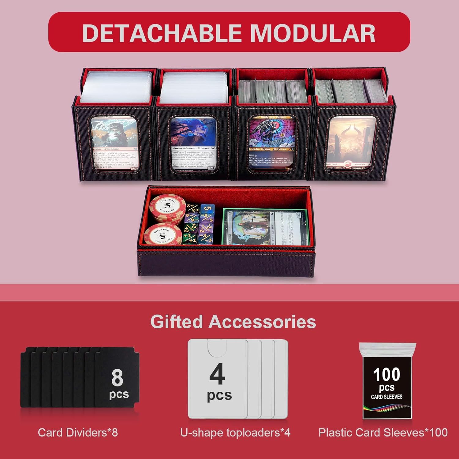 Card Deck Box for MTG with Commander Display, 5 in 1 Card Storage Box Fits 400+ Double-sleeved Cards, 4 Separate Small Cases for TCG/Sports Cards, Dice Tray＆Handle（Black Red）