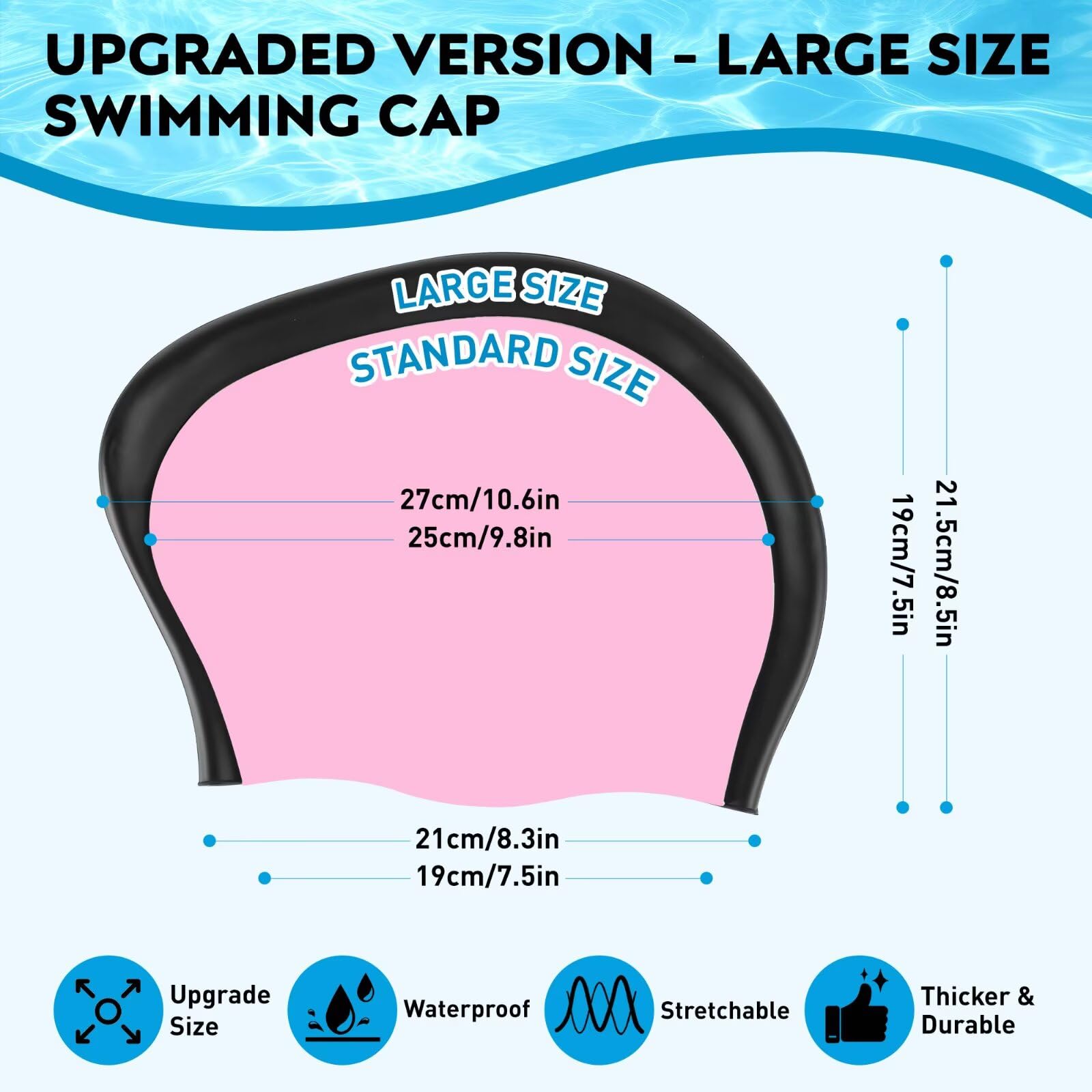 2 Pack Large Swim Caps for Long Hair, Silicone Swimming Cap for Adult Women Men, Waterproof Swim Hats Bathing Caps to Keep Hair Dry with Bonus Nose Clip and Earplugs-01