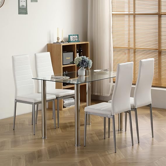 5 Piece Glass Dining Room Table Set, Modern White Dining Table Set for 4, Tempered Glass Kitchen Table with 4 Faux Leather Chairs, Dining Set of 4 for Kitchen Dinette Furniture