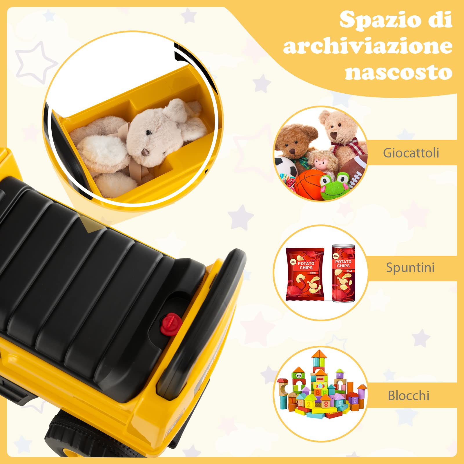 COSTWAY Escavatore Giocattolo Cavalcabile, Ruspa per Bambini con Benna da Scavo Girevole, Clacson e Spazio di Archiviazione Nascosto, Regalo per Bambini 1-3 Anni, Giallo