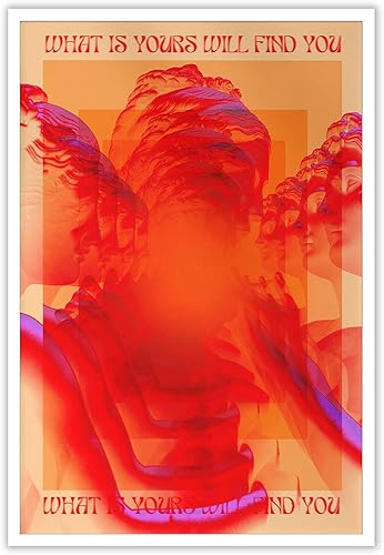 Póster abstracto hippie Trippy What Is Yours Will Find You, rojo, años 70, 80, lienzo de cara y ojo, arte de pared, frases inspiradoras de