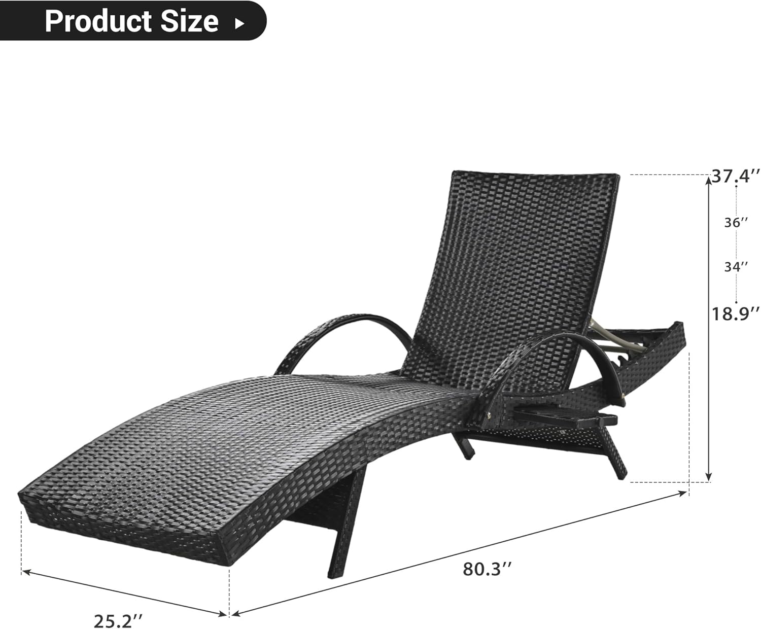 Outdoor Wicker Lounge Chairs Set of 2-80" Adjustable Patio Rattan Recliners with Pull-Out Side Table,UV-Resistant & Heavy-Duty 470lbs Capacity for Poolside,Backyard,Garden