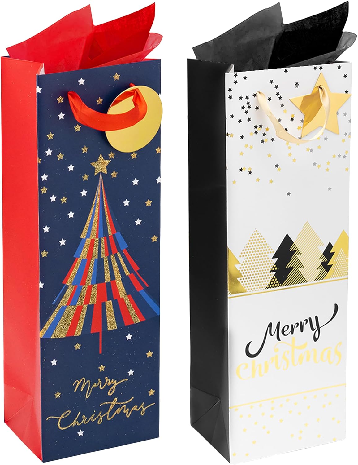 RACHELLE'S Christmas Wine Bags – 14"x5"x4" (2-Pack) – Sturdy Paper Gift Bags with Tissue Paper, Tag and Handle – Holiday Trees Design – Perfect for Christmas Holiday Gifting & Party Favors