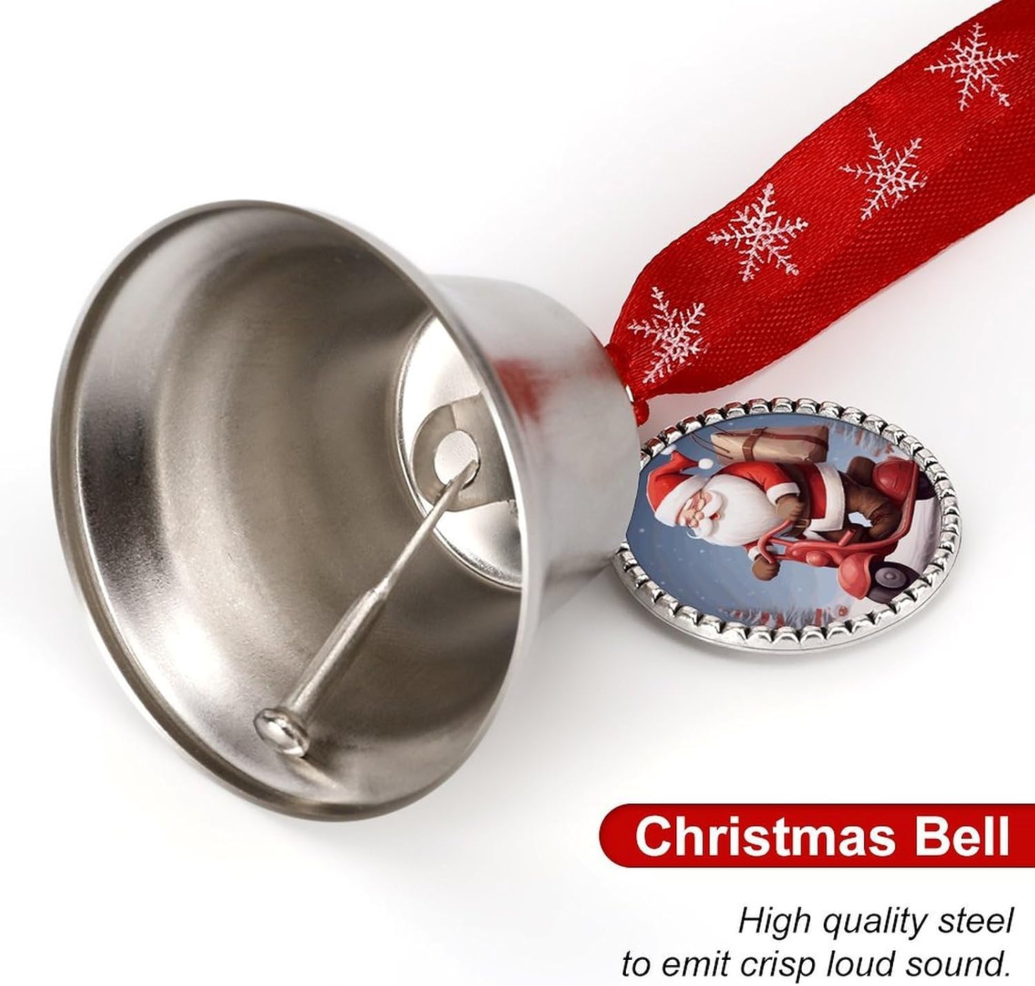 Metal Iron Christmas Bell Ornaments - Cute Personalized Santa Claus on Scooter Printed Hanging Bells, Elegant & Durable for Christmas Home Party Wedding Decor