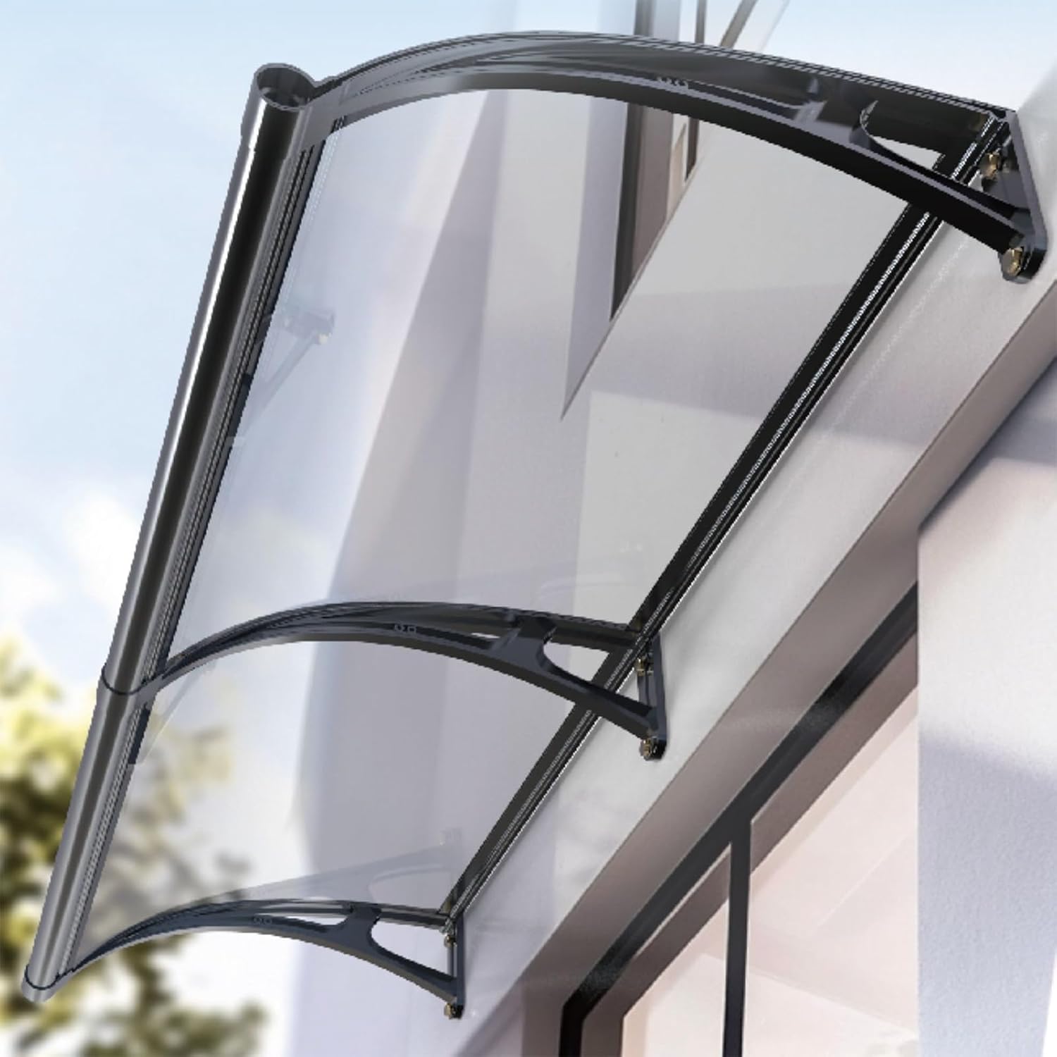 Brown Window Awning Canopy - Polycarbonate Entrance Cover with Drainage Sink, Easy Install Aluminum Alloy Bracket, 150x160cm (59x62.9inch) for Front Door Protection