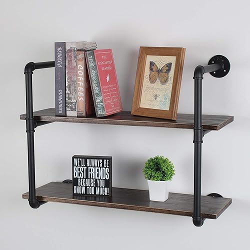 Miniatura 7 de Estante de pared de tubo industrial, estantería de montaje en pared de 2 niveles, estante rústico de montaje en pared de 30 pulgadas, estantes