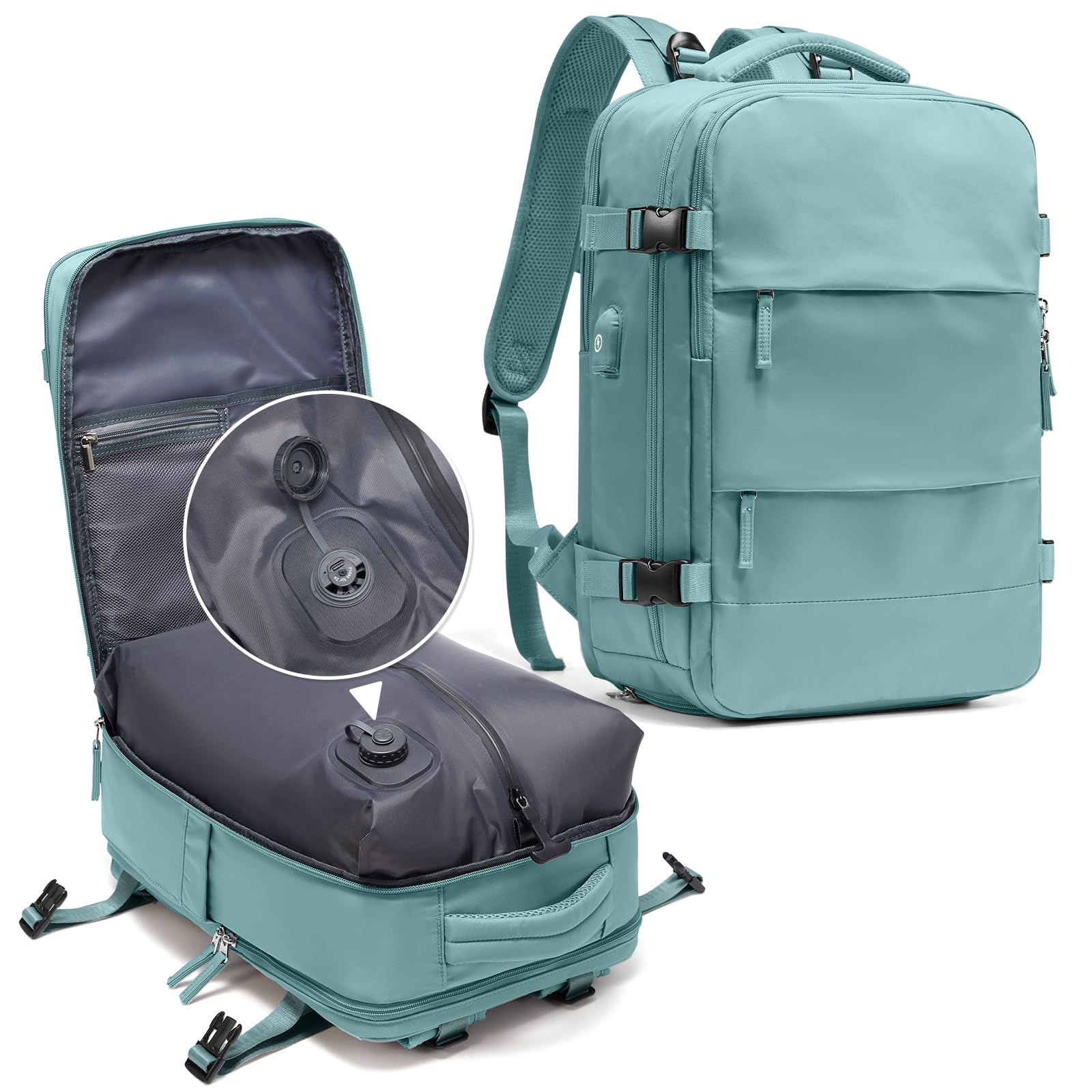 coowoz Vacuum Backpack Travel with Pump,Travel Backpack with Vacuum System For Women Men,Carry On Backpack,Hiking Backpack Waterproof Outdoor Sports Rucksack Casual Daypack,25L(Built-in Pump),Blue
