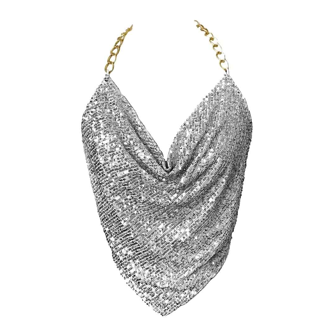 Gold Sexy Tops for Women Sparkly Deep V Neck Crop Tank Tops Cami Body Chain Top Sleeveless