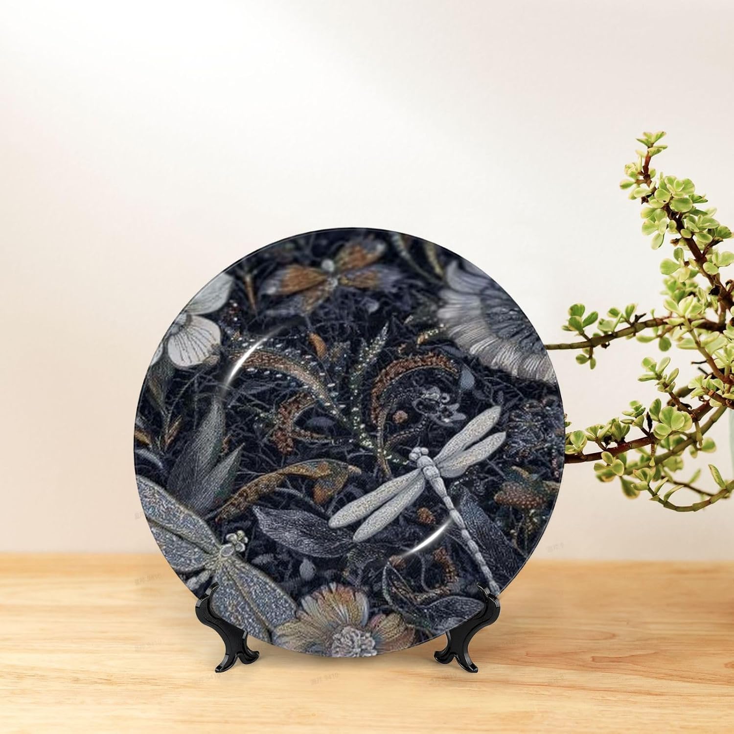 Bone China Decorative Plate with Display Dragonflies Grey Ceramic Plates Crafts Art Decor Dessert Plate Ceramic Ornament Porcelain Plates for Living Room Kitchen Table Home Decor