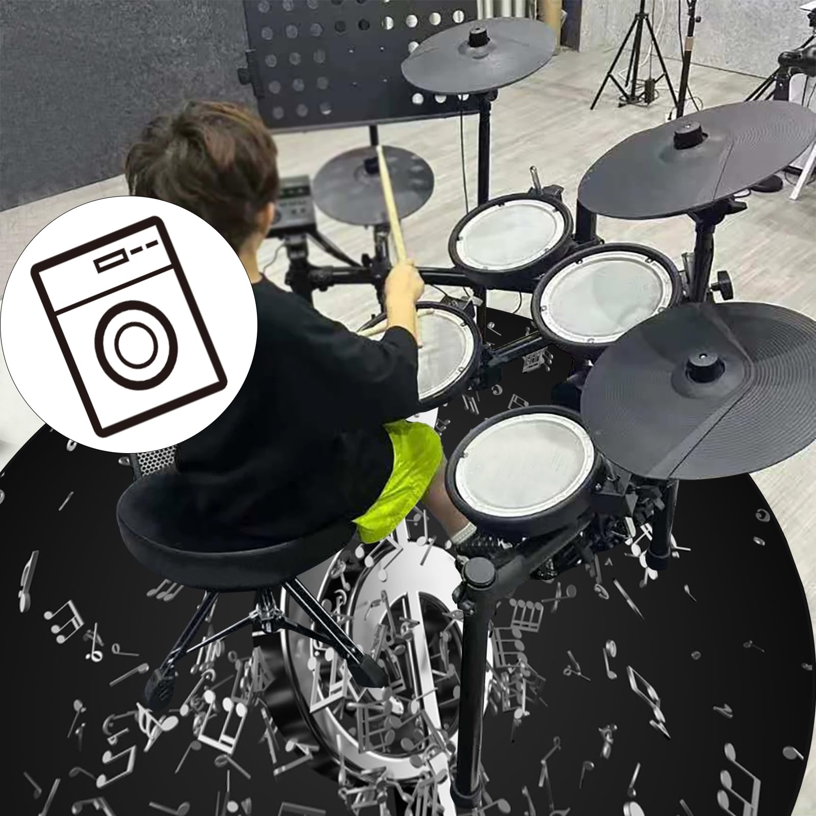 Tapis de Tambour antidérapant Rond Tapis pour Batterie Acoustique Tapis Insonorisé pour Tapis Batterie électronique Grosse Caisse Batteries Caisse Claire Instruments de Musique Tapis de Sol 120 cm