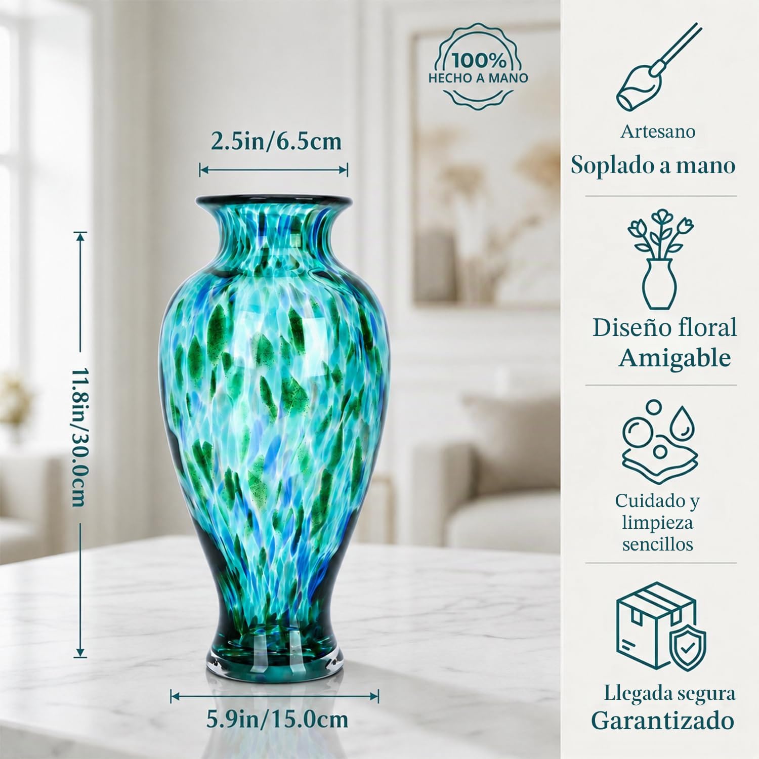 Jarrón de vidrio soplado a mano turquesa, 11.8 pulgadas de alto, boca ancha para centro de mesa, jarrones de flores coloridos de Murano para entrada del hogar
