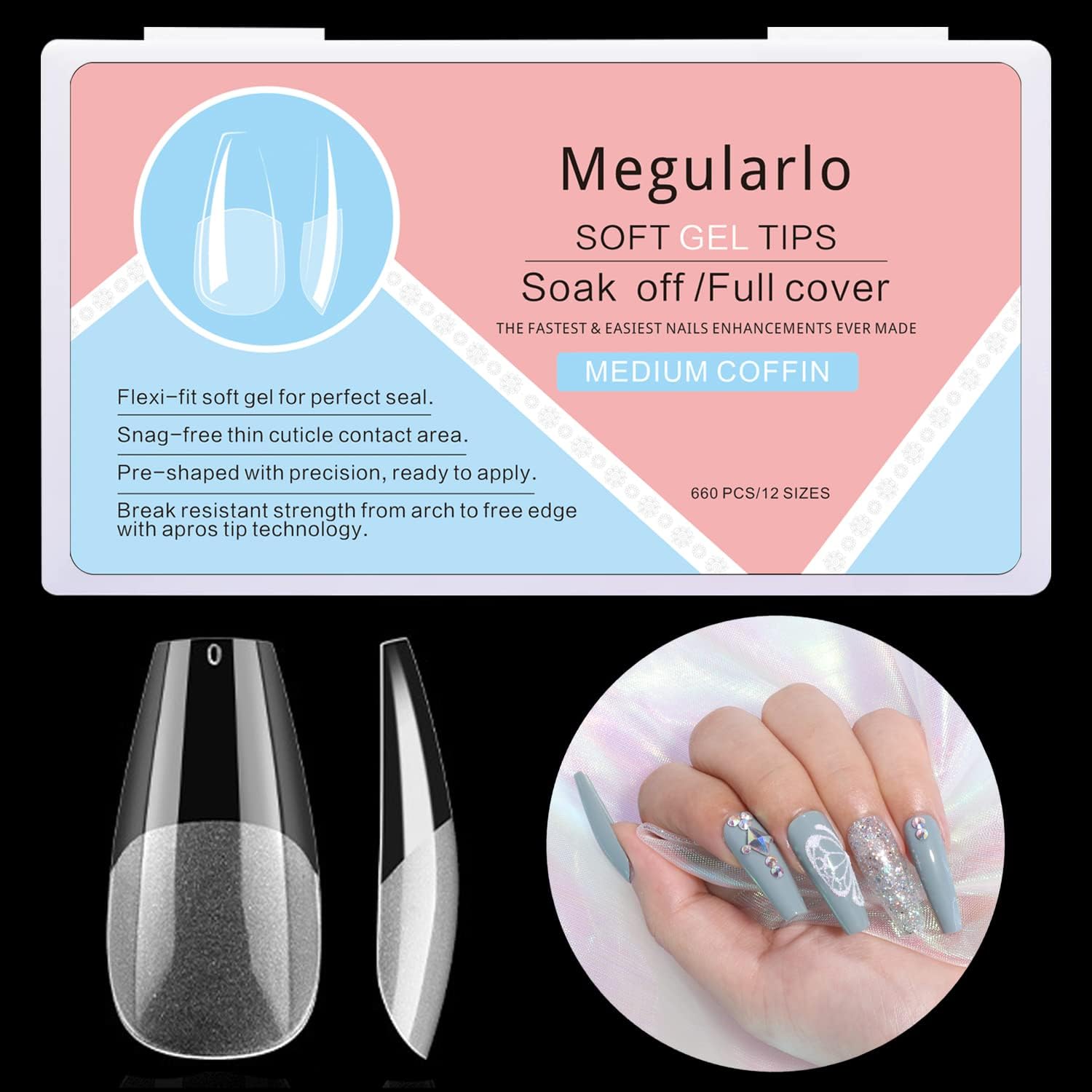 Megularlo Soft Gel Nail Tips, 660 Pcs False Press on Nail Tips, Pre-Shaped Full Cover Gelly Tips for Soak Off Nail Extension, 12 Sizes (660 PCS MEDIUM COFFIN)