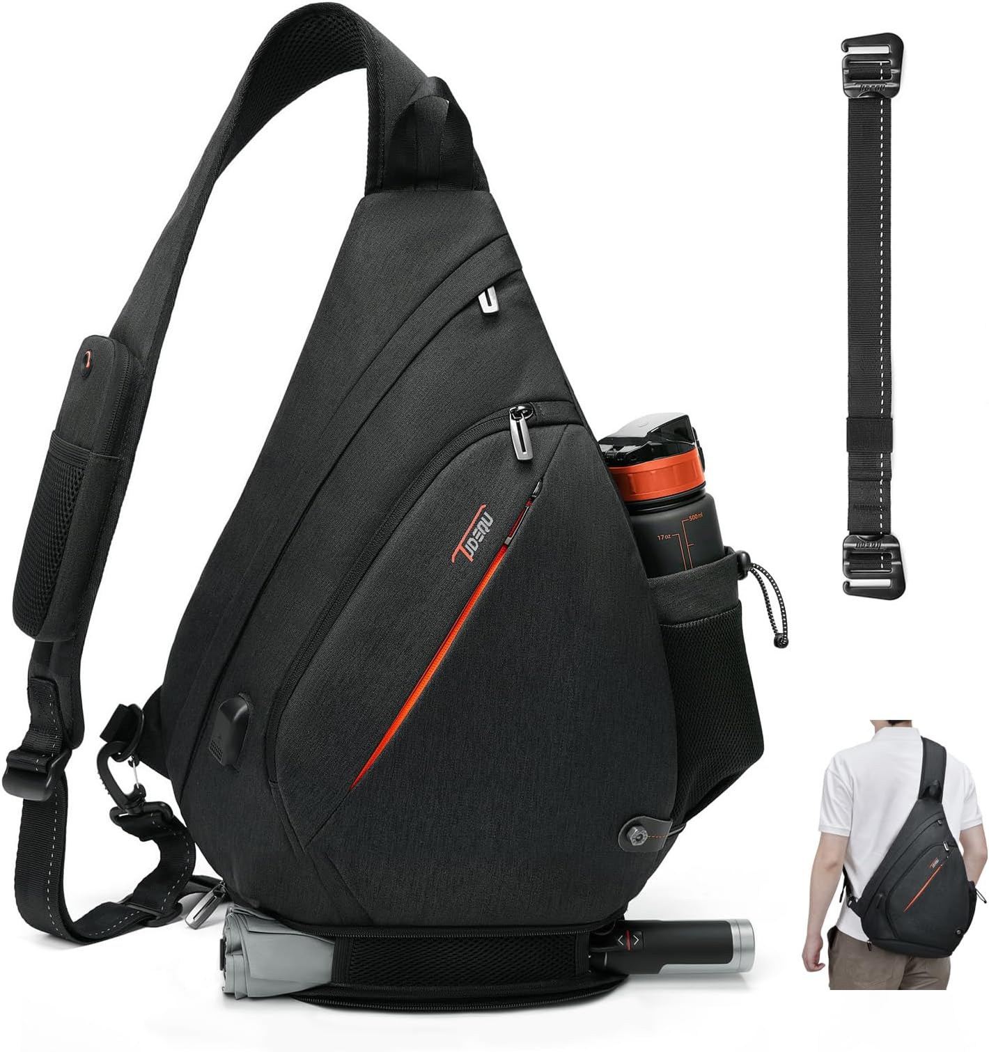 Sling Bags for Men,8 Pockets One Shoulder Backpack Large 19L,Crossbody,Single Strap,Black,Travel,Hiking,Women