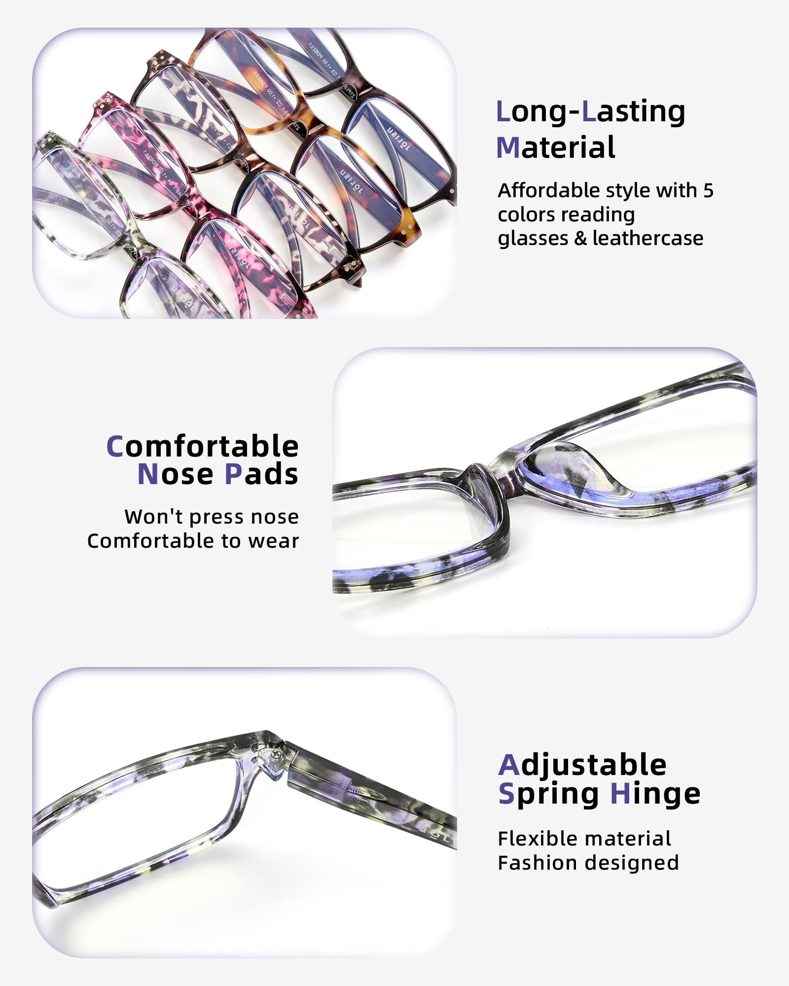 JOLISU Reading Glasses for Women Men - 5 Pack Ladies Stylish Readers Computer Eyeglasses W/Spring Hinge - Blue Light Blocking Glasses Anti Eyestrain 1.25 Product Image 3