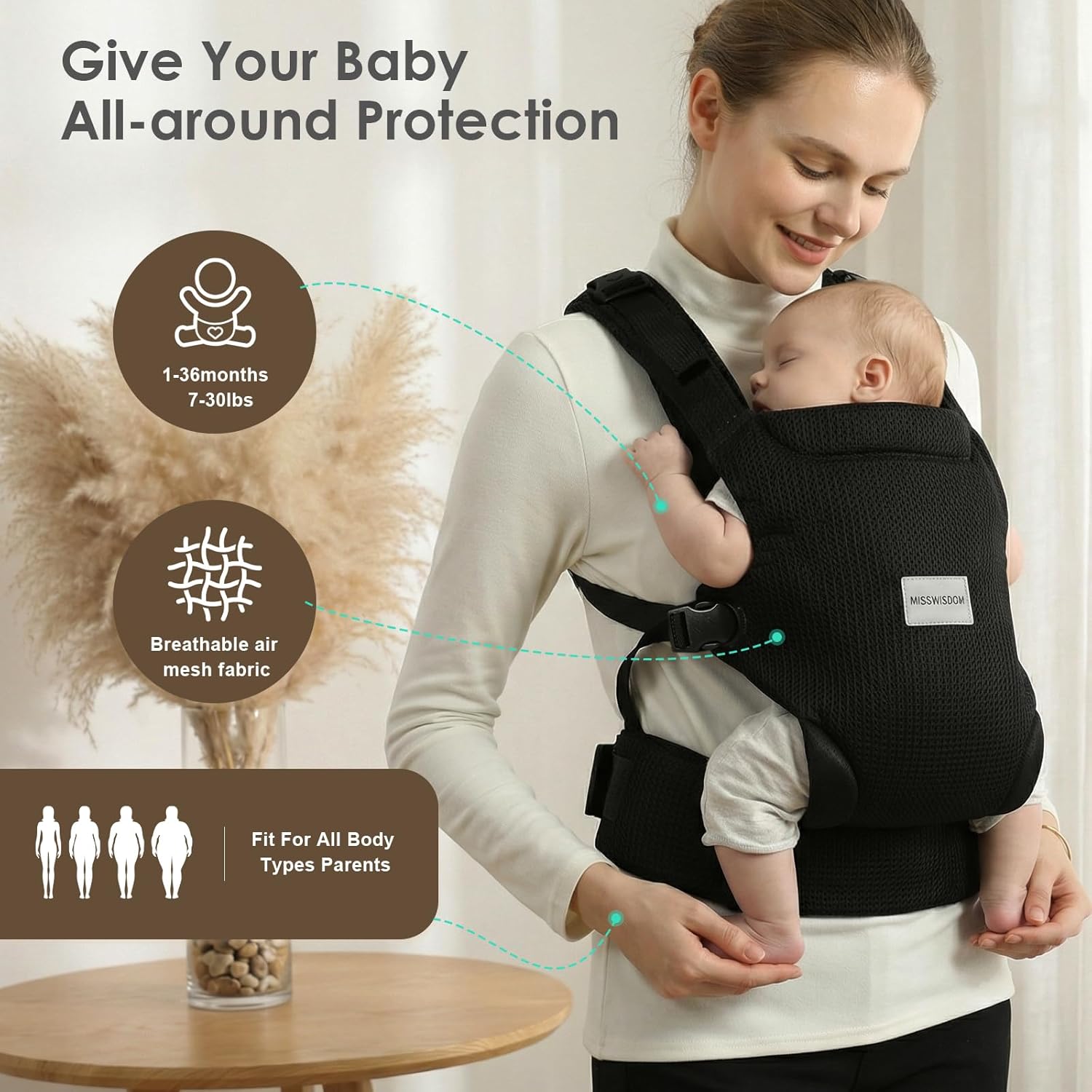 MISSWISDOM Baby Carrier Newborn to Toddler, Easy Adjustable Toddler Carrier for 7-30lbs, Baby Holder Wrap Carrier, Breathable Mesh Fabric Infant Kangaroo Hip Carriers with Lumbar Support, Black