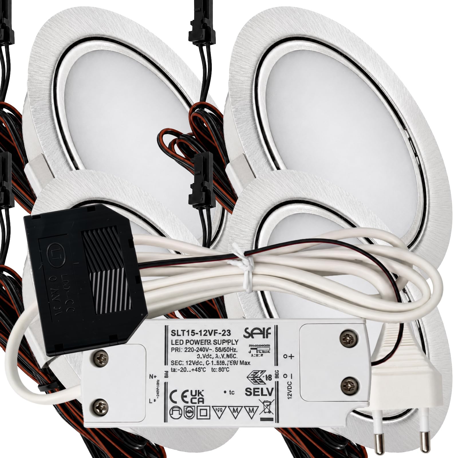 4er Set LED Einbauleuchte Emma 12V 3W Warmweiß 3000K | Ultra flach Ø65mm Einbaustrahler IP20 für Möbel, Küche & Schrank | Mit Plug-and-Play Trafo, Mini-Verteiler & 230V Zuleitung mit Eurostecker