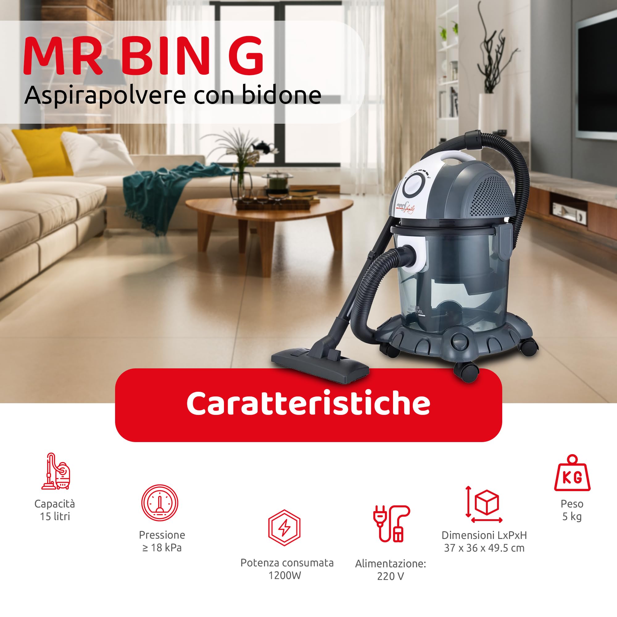 Melchioni Family | Bidone Aspiratutto MR BIN G, Aspira Liquidi e Solidi, Filtro ad Acqua, Aspirapolvere con Bidone Potenza 1200W, Funzione Soffio, Capacità Serbatoio 15 L Polvere e 10 L Liquidi