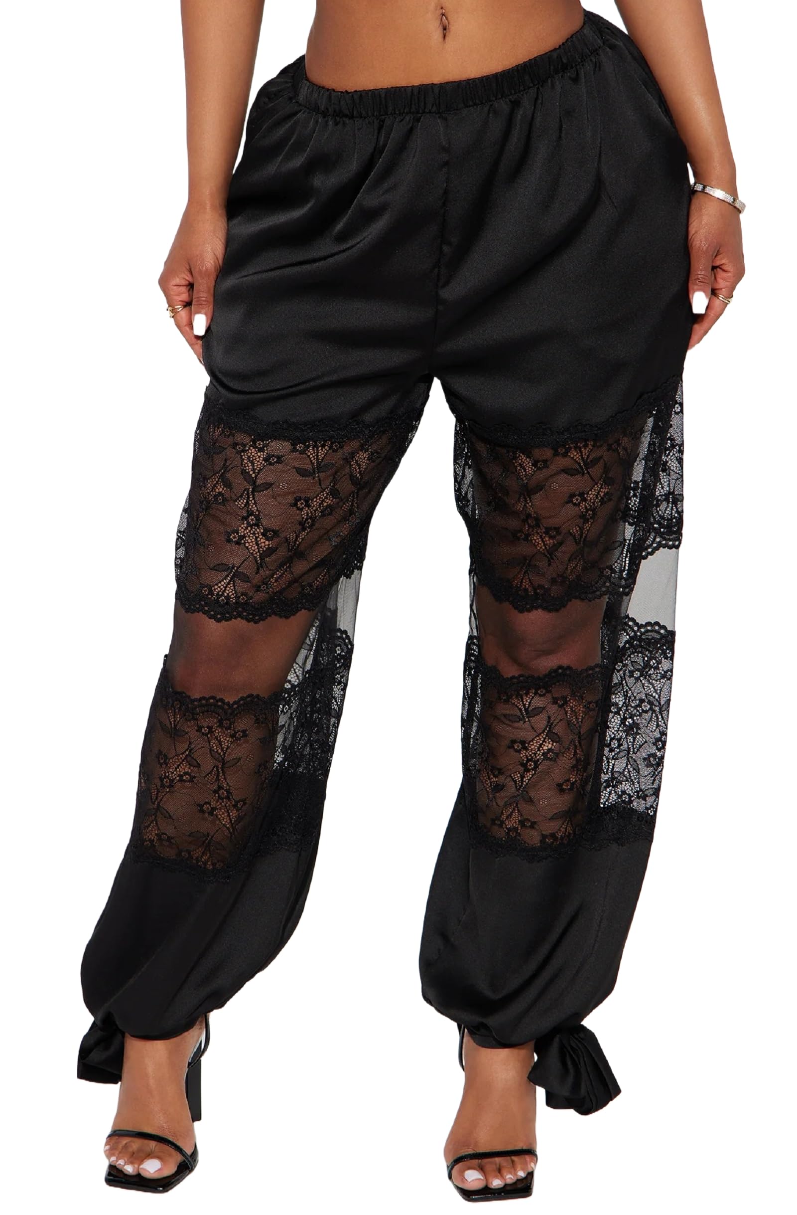 Women Lace Trim Long Bloomers Y2k Bow Tie Ruffle Hem Pantaloons Vintage Balloon Pants Streetwear