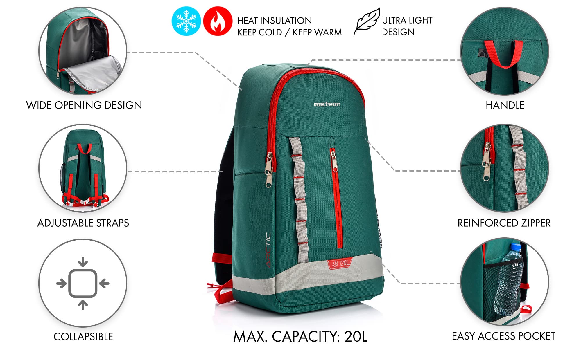 meteor Zaino Termico per Pic nic Viaggio Campeggio Barbecue all'Aperto Eventi - Zaino Isoterma 10 L o 20 L per Alimenti Mantenere Pranzo Arctic - 4