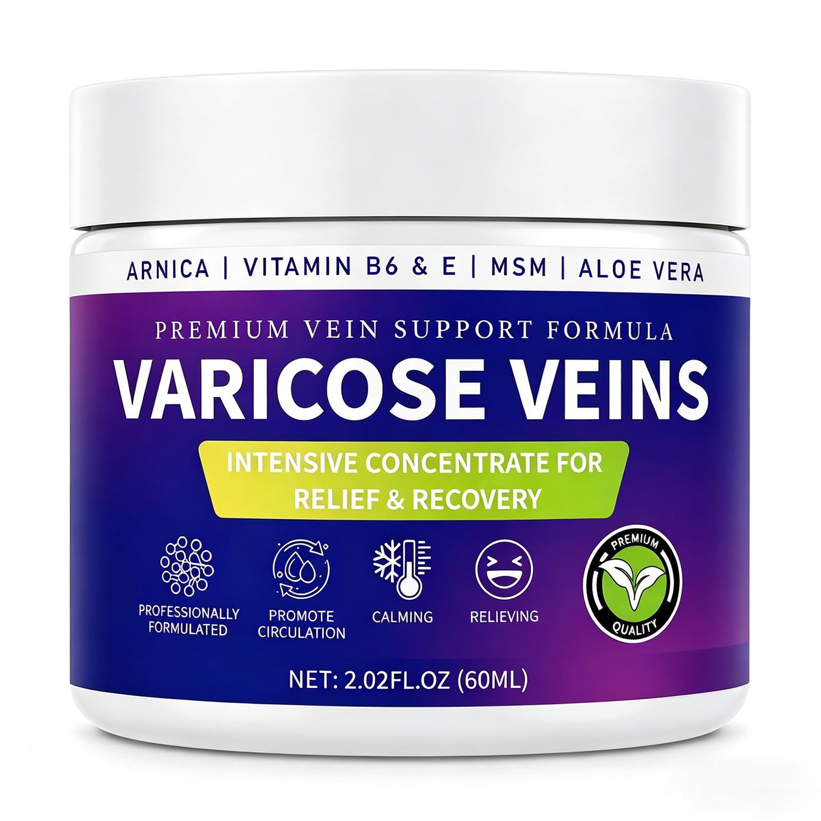 Varicose Veins Cream for Legs, with MSM & Arnica, 2.02 Fl Oz | Fast-Absorbing, Non-Greasy Vein Care Cream for Spider Veins and Heavy, Tired Legs, with Menthol & Aloe Vera