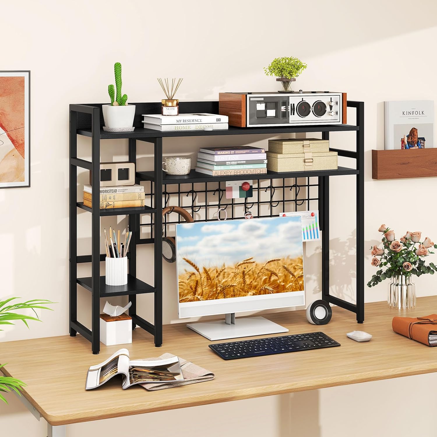 Giantex Desktop Bookshelf, 37" Desk Shelf for Up to 32" Computer Monitors, 4 Tier Desktop Display Shelves with Grid Panel, 6 Movable Hooks, Anti-tip Device, Desk Hutch for Home Office Dorm (Black)