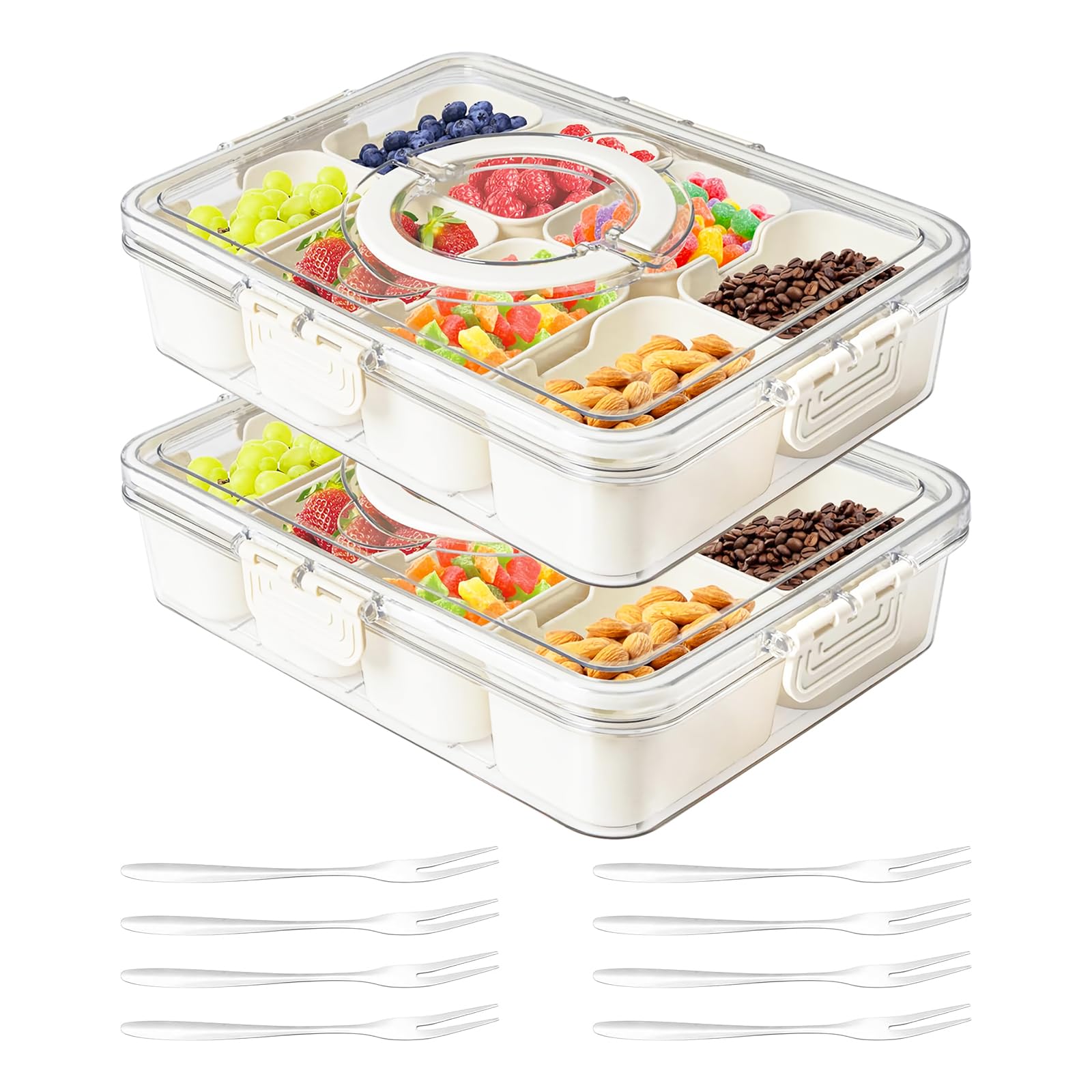 Divided Serving Tray with Lid and Handle,Snackle box Charcuterie Container for Portable Snack Platters,8 Compartments & 8 Forks Clear Storage Organizer for Fruit,Candy,Nuts & Veggie,for Party,Picnic