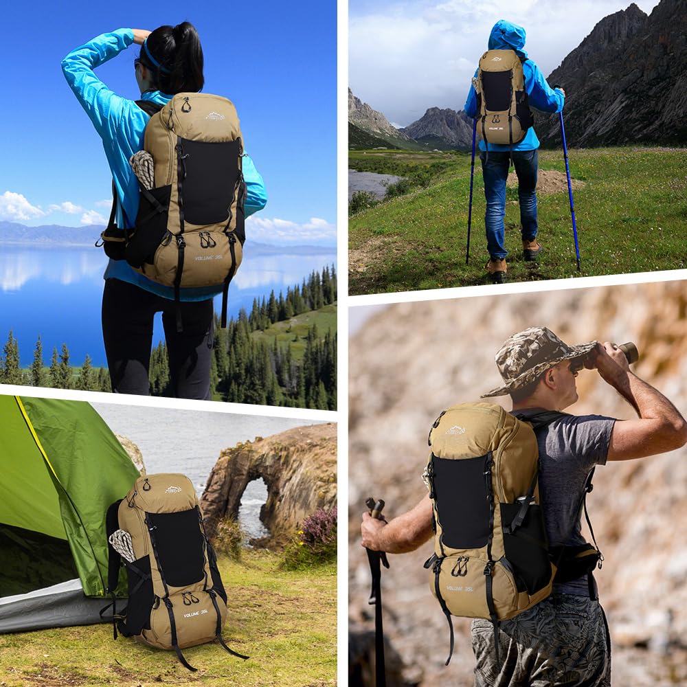 INOXTO Wanderrucksack Herren Damen,35L wasserdichtes leichter Wanderrucksäcke mit 3L Wasserbeutel mit Regenschutz für Bergsteigen, Wandern, Camping, OutdoorSportarten (Khaki Schwarz)